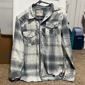 BKE Vintage Bluish-gray and White Flannel Plaid Men's Shirt